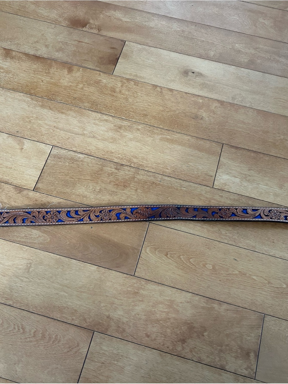 Hand-Tooled Western Leather Belt with Blue Inlay
